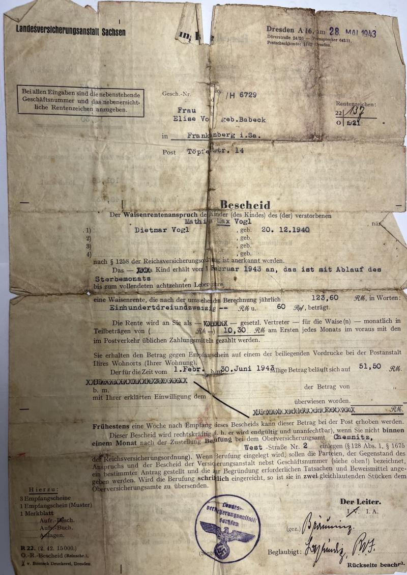 Wehrpass -  WH (Heer) - 294 inf.Div.(mot) - Vogl