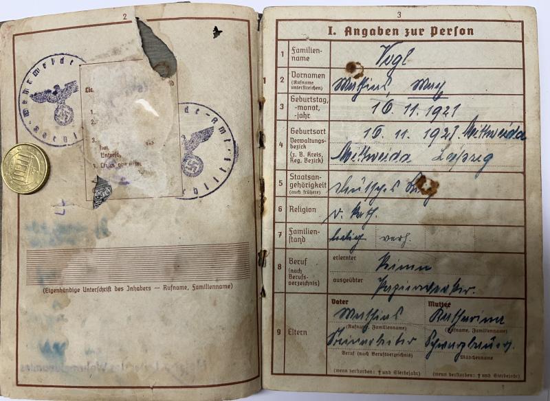 Wehrpass -  WH (Heer) - 294 inf.Div.(mot) - Vogl