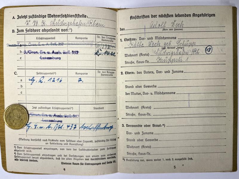 Soldbuch - WH (Heer) - 462.Inf.Div./462.V.G.D. - Metz - Deck