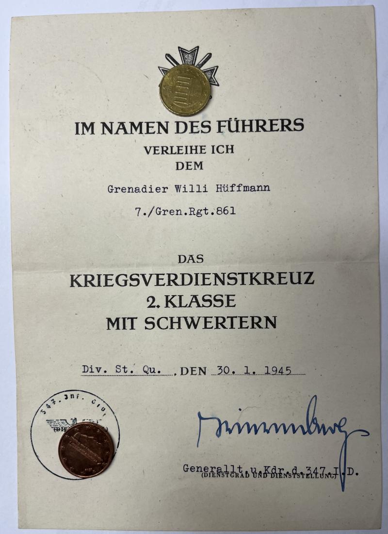 Citation  -  WH (Heer) -  347.Inf.Div. - Hüffmann