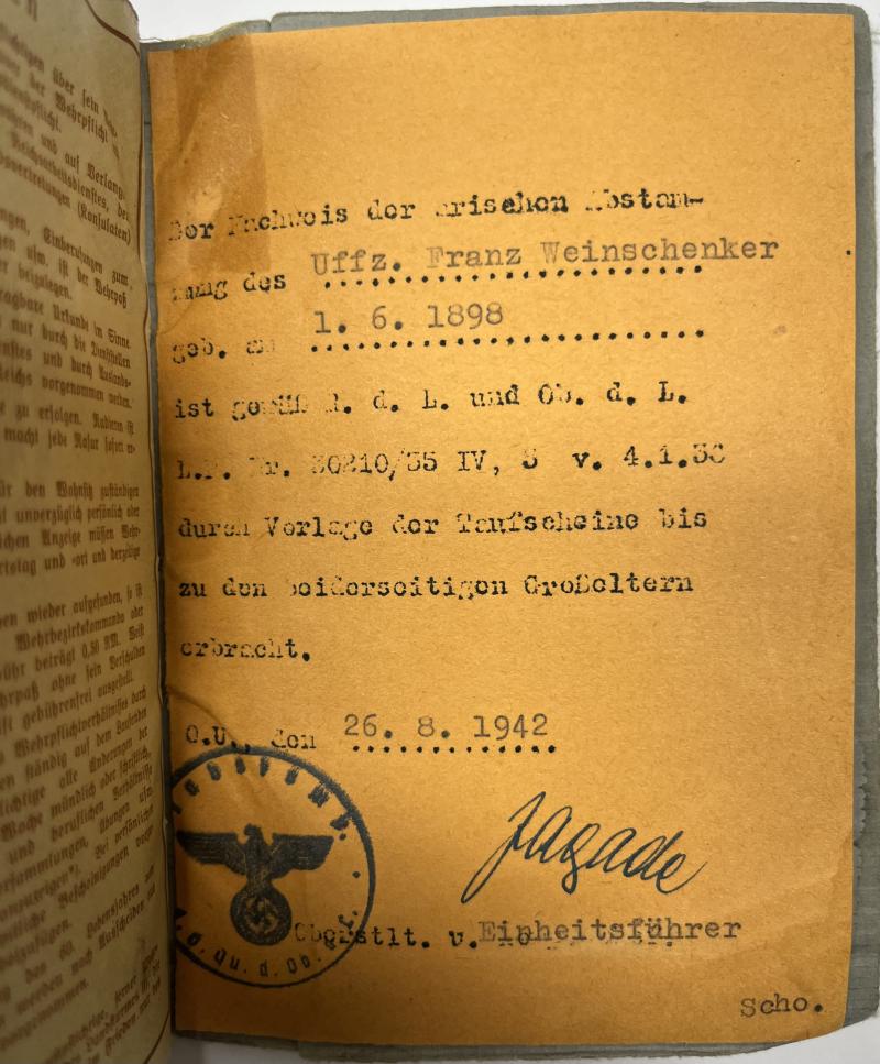 Wehrpass - Luftwaffe - Stabskp.H.Quartier des Oberbefehlhaber der Luftwaffe - Weinschenker