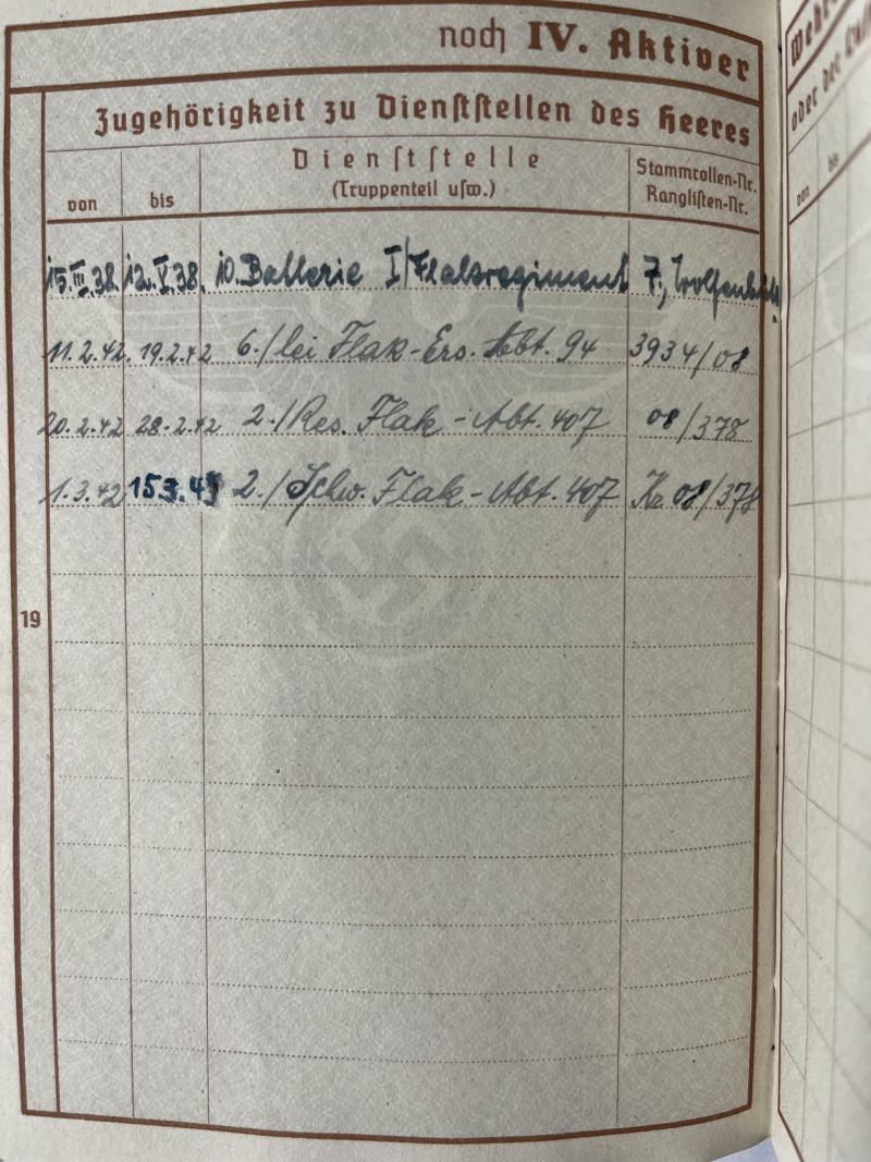 Wehrpass - Luftwaffe - Schw.Flak Abt.407 - Schindelmeiser