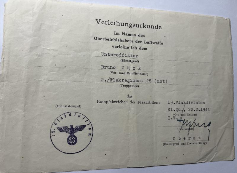 Citation set - Luftwaffe - 15.Flak Div./19.Flak Div. - Türk