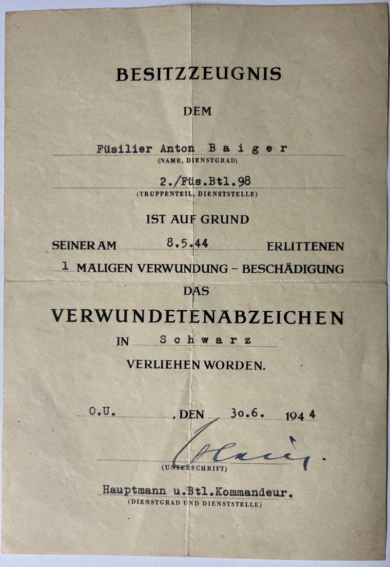 Citation -  WH (Heer) - 98.Inf.Div. - Baiger