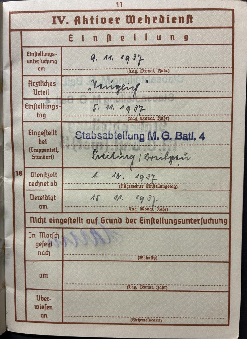 Wehrpass - WH (Heer) - M.G.Batl.15 - KIA 1939 - Wichmann