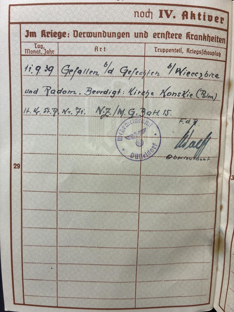 Wehrpass - WH (Heer) - M.G.Batl.15 - KIA 1939 - Wichmann