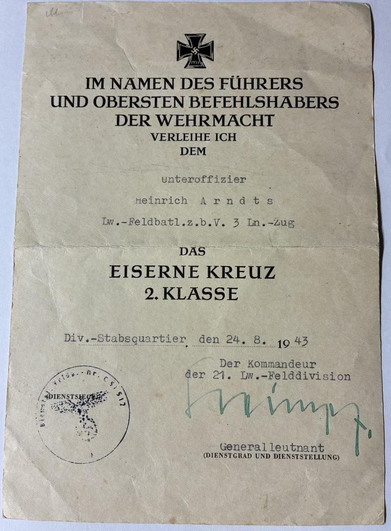 Citation - Luftwaffe - 21.Luftwaffe Feld Div. - Arndts