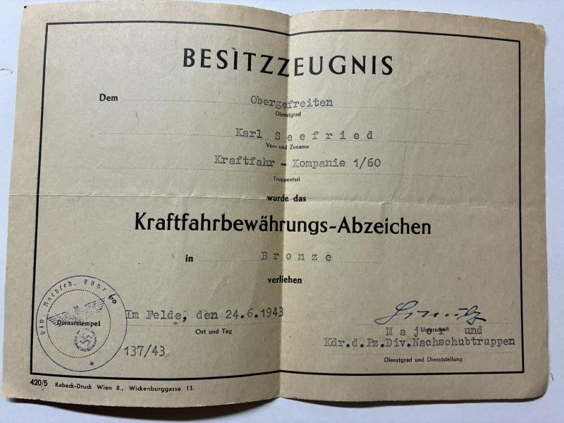 Wehrpass /citation grouping - WH (Heer) - 9.Pz.Div. - Seefried