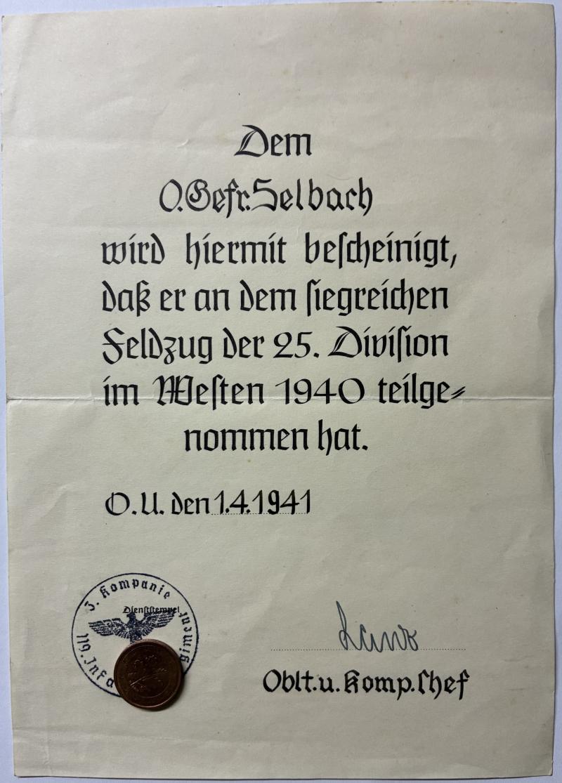 Commemorative citation - 25.Inf.Div. - Selbach