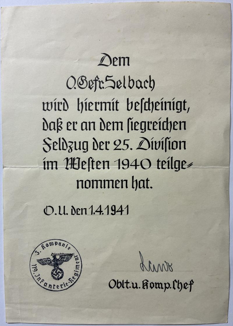 Commemorative citation - 25.Inf.Div. - Selbach