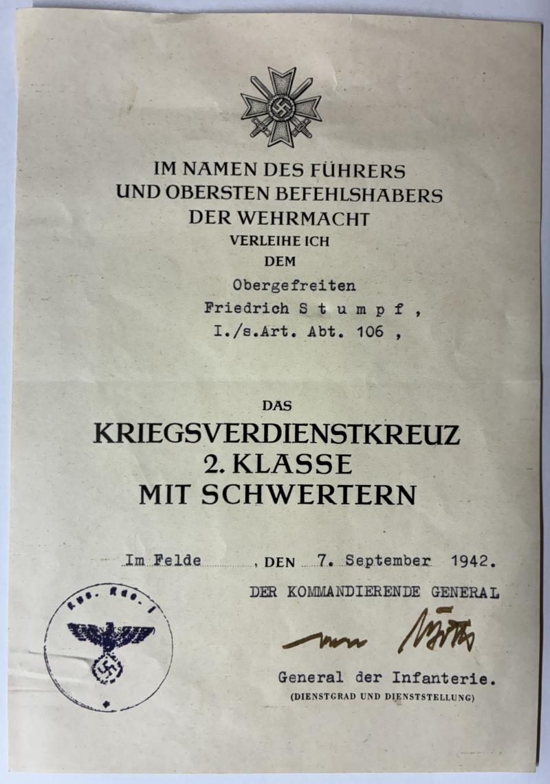 Wehrpass/citation - WH (Heer) - schw.Art.Abt.(mot)106 - Stumpf