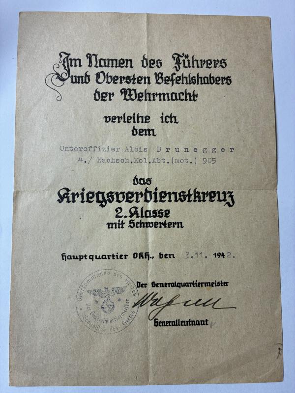 Citation - WH (Heer) - Nachschub Kolonne Abt.(mot) 905 - Brunegger