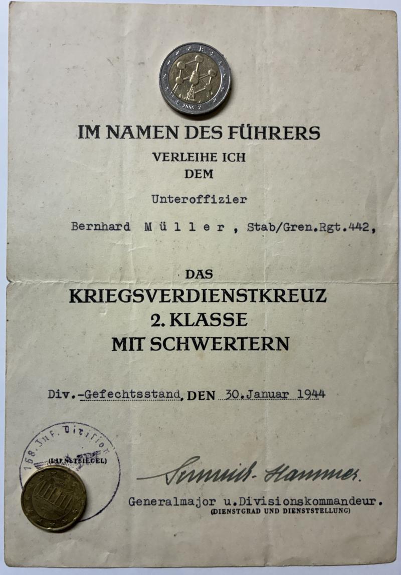 Citation  -  WH (Heer) -  168.Inf.Div. - Müller